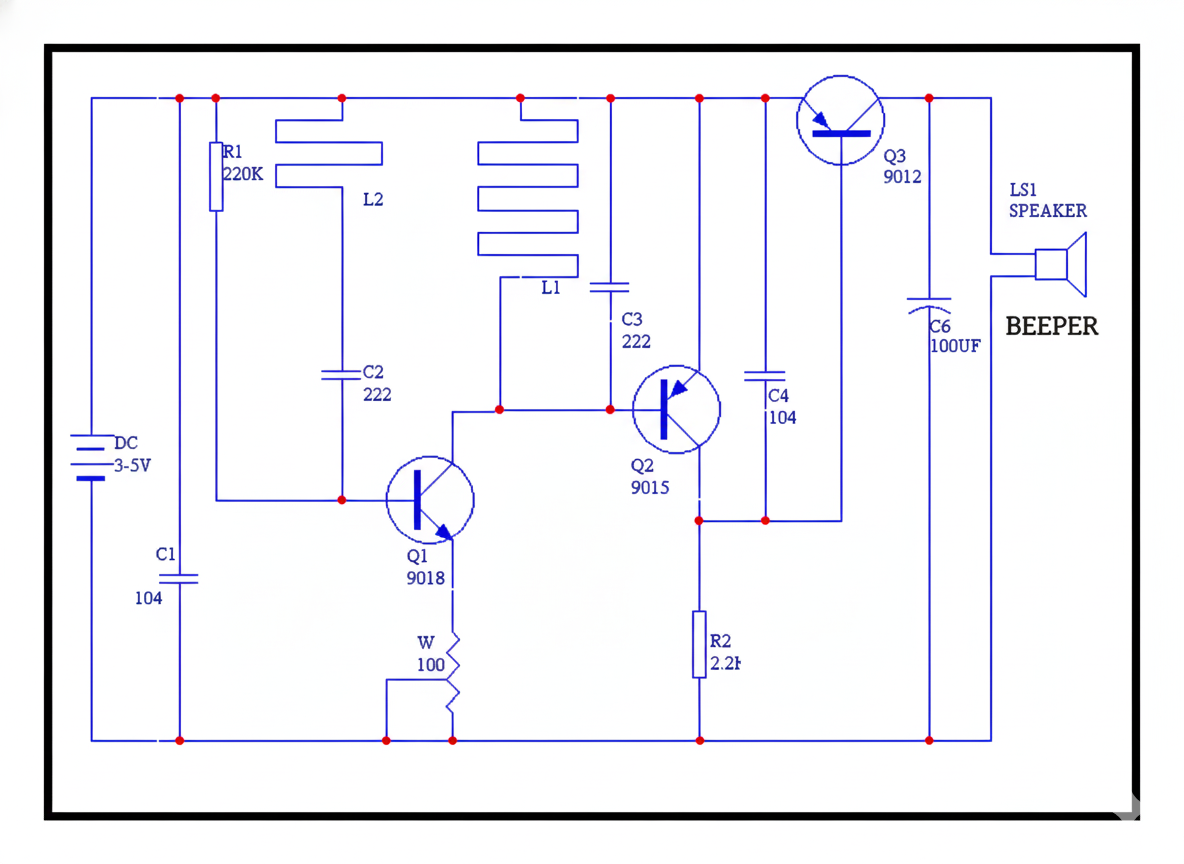 Diagrama del circuito del Kit Detector de Metales mostrando componentes y conexiones